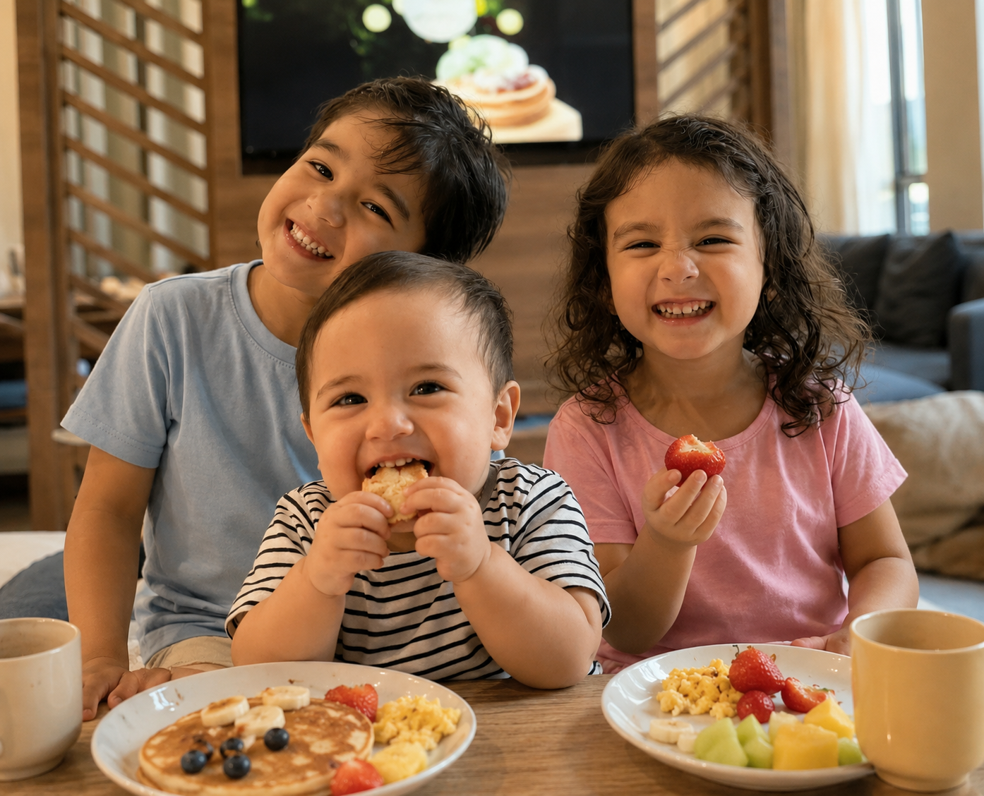 Three kids at the table sharing a breakfast of pancakes, fruit and eggs